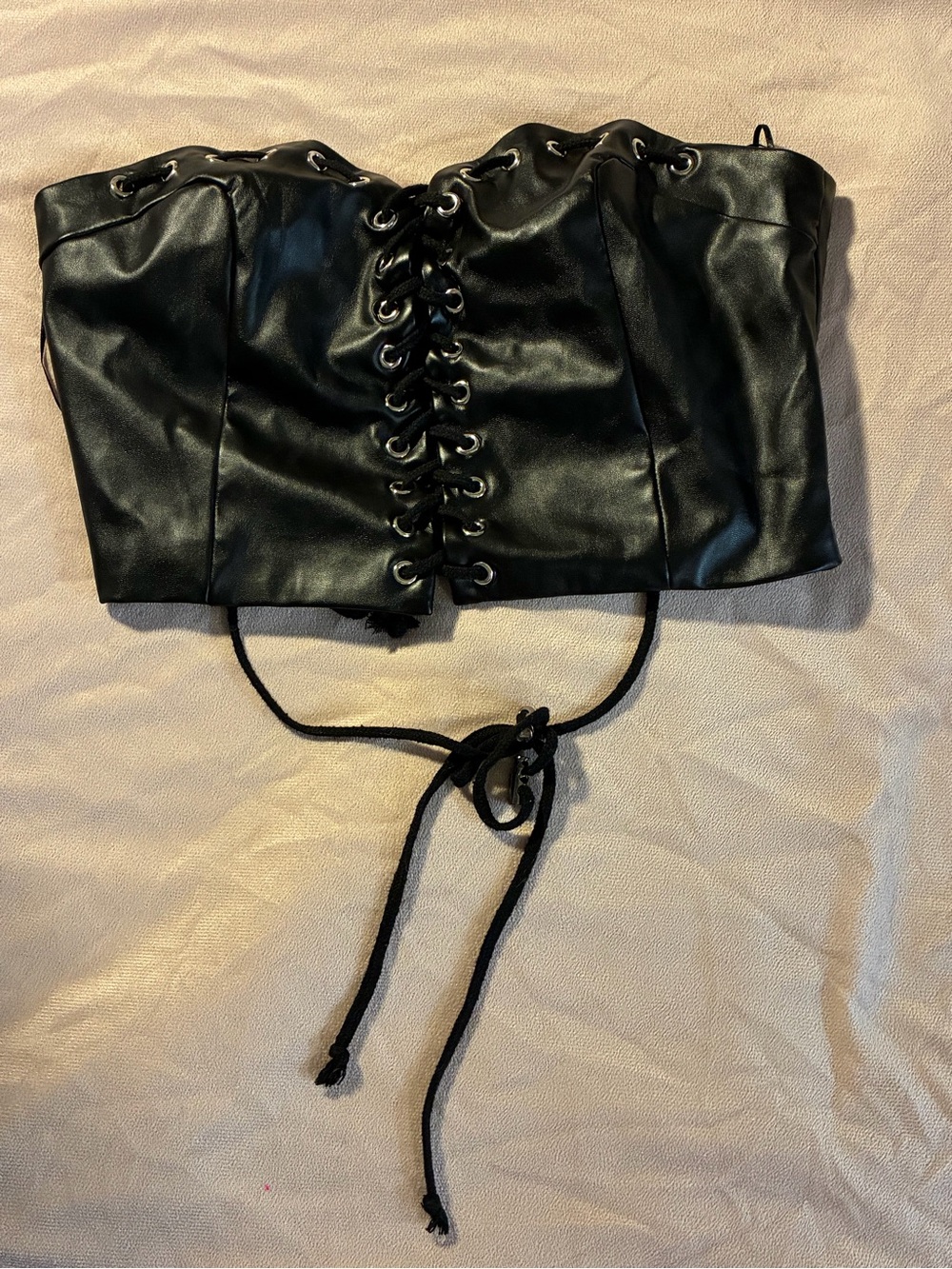 Black Faux Leather Lace-Up Bustier Crop Top - Women Accessories